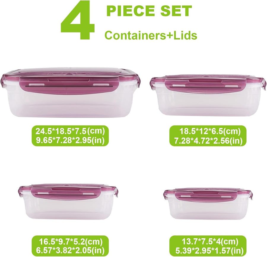 4 Pcs Airtight Food Storage Set, 280Ml/500Ml/1000Ml/1800Ml Food Storage Containers Plastic Food Containers with Lids for School, Work, Microwave, Reusable