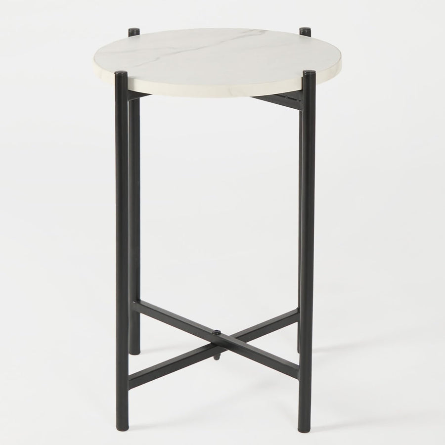 round Side Table for Living Room, White Mable Top Small Coffee Tables with Sturdy Metal Frame Decorative Nightstand End Table Bedside Tables for Bedroom Office