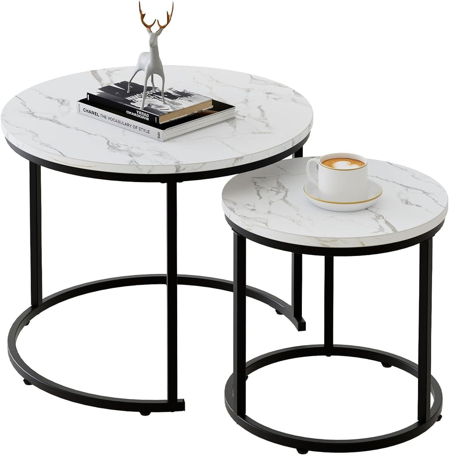 Coffee Table,Round Nest of Tables Set of 2 for Living Room,Marble Center Tea Table with Metal Frame,End Side Table for Small Space/Living Room/Bedroom, White Black, 60 X 60 X 50Cm
