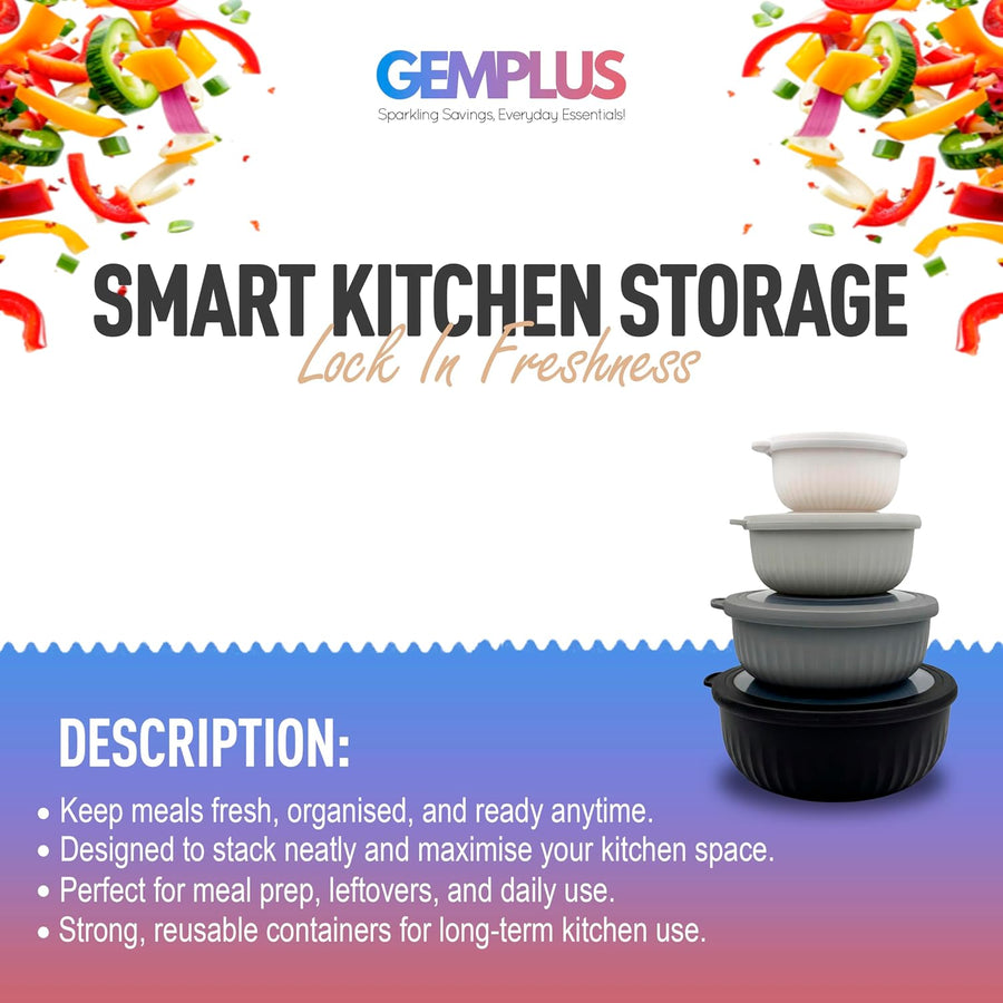 GEM+ | Food Storage Containers Set of 4 with Lids, Airtight Kitchen Storage Bowls, Plastic Food Containers for Meal Prep, Leftovers, Stackable Nesting Food Storage Set (Black)