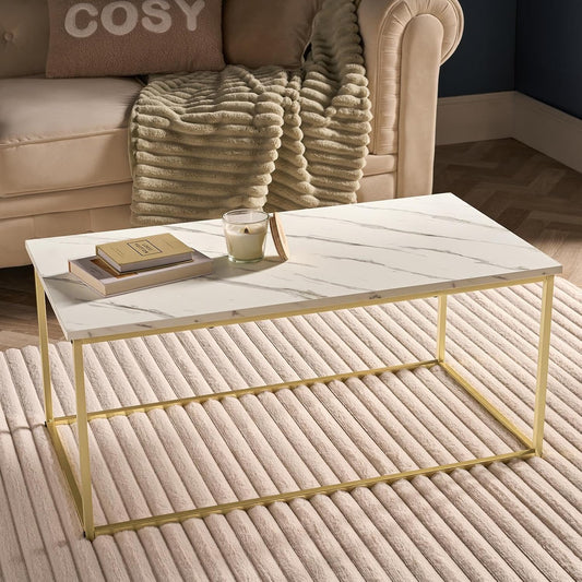 White Marble Coffee Table, Modern Centre Table Living Room Home Office Decorative Coffee Tables with Gold Metal Frame Long Rectangle Table, 90 X 48 X 40Cm