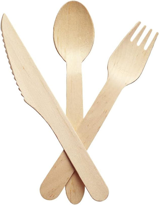 100Pk Disposable Wooden Cutlery Set, 100% Natural and Biodegradable, Eco-Friendly Set for Wedding, Office and Party Picnic (Cutlery Set)