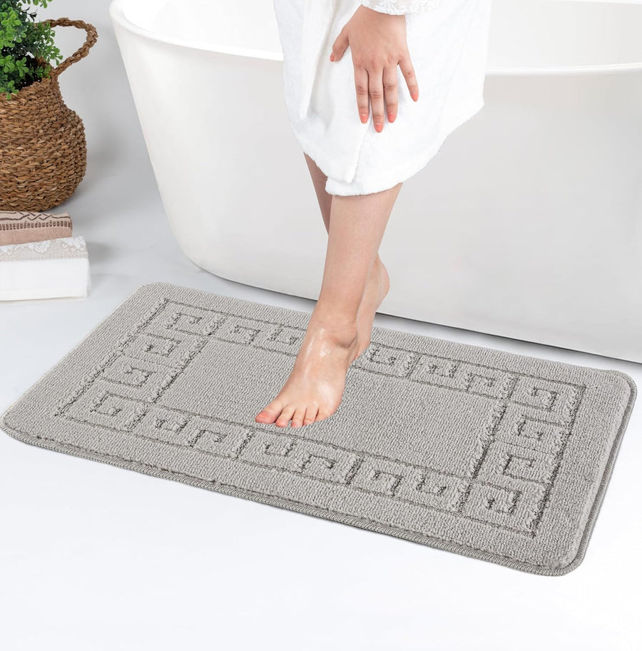 Greek Style Bath Mat Set 2-Piece | Non-Slip Bathroom Mats, Shower Mat & Pedestal Mat | Soft Washable Quick-Dry Bath Mats for Bathroom Floor | Anti-Mould Bath Rug Set (Silver)
