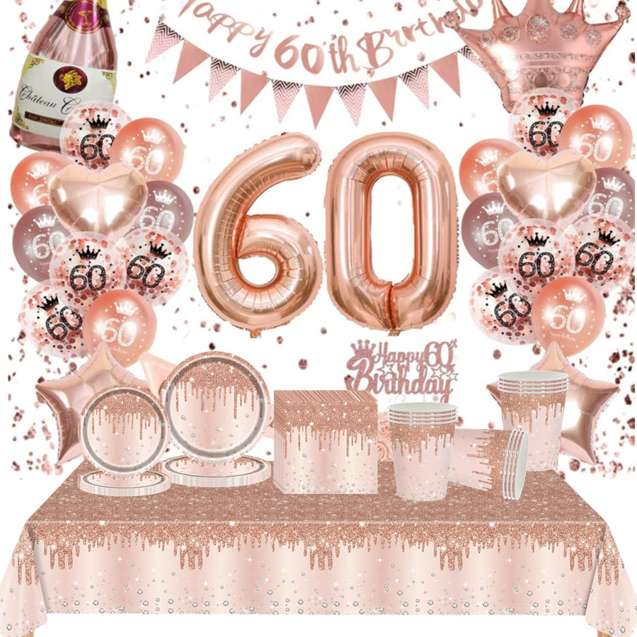 81 Piece Rose Gold Tableware Set for Her - Plates, Cups, Napkins and Tablecloth with Sparkling Diamond Pattern for Birthday, Wedding, Baby Shower Party