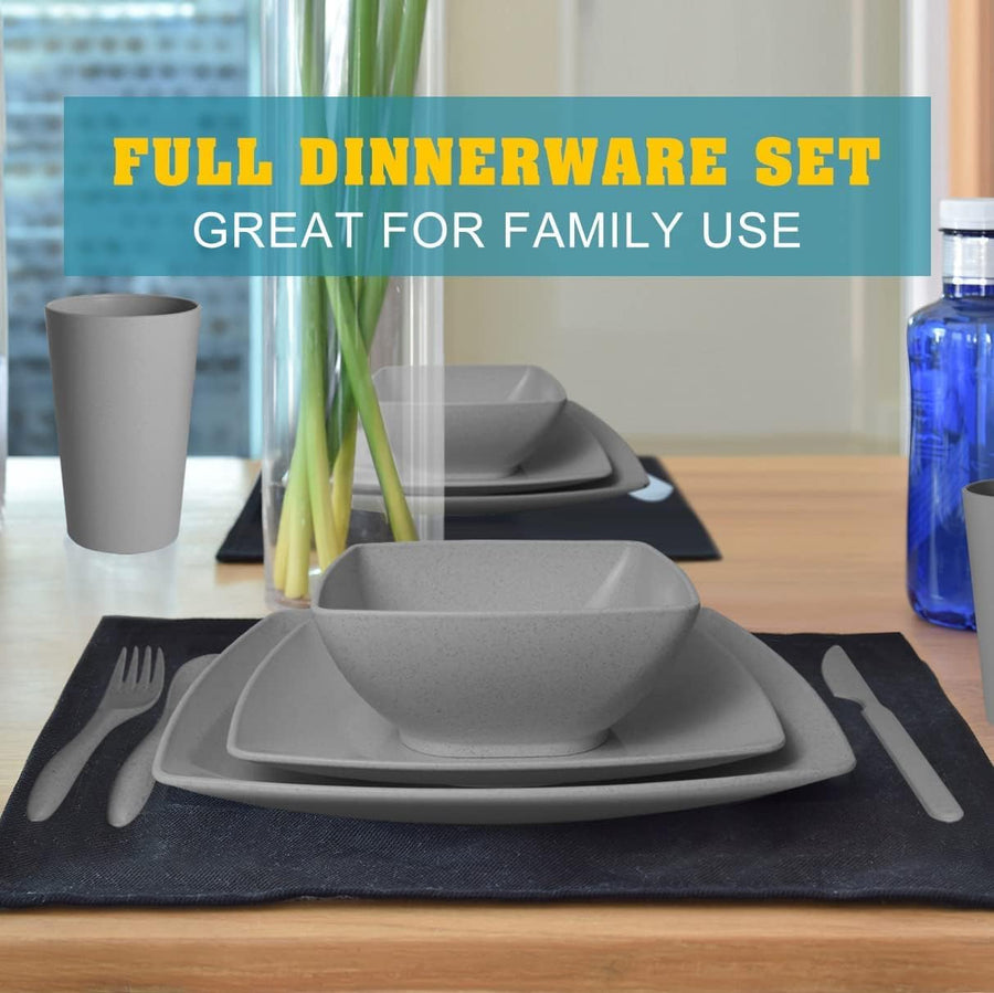 24-Piece Kitchen Plastic Square Dinner Set, Service for 6, Dinner Plates, Dessert Plates, Cereal Bowls, 20 Oz Cups, Unbreakable Plastic Plates and Bowls Set, Outdoor Camping Dishes, Grey