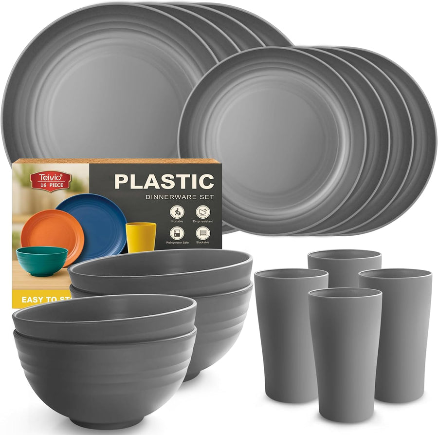 16-Piece Kitchen Plastic Dinner Set, Service for 4, Dinner Plates, Dessert Plates, Cereal Bowls, Cups, Unbreakable Plastic Plates and Bowls Set, Outdoor Camping Dishes, Grey