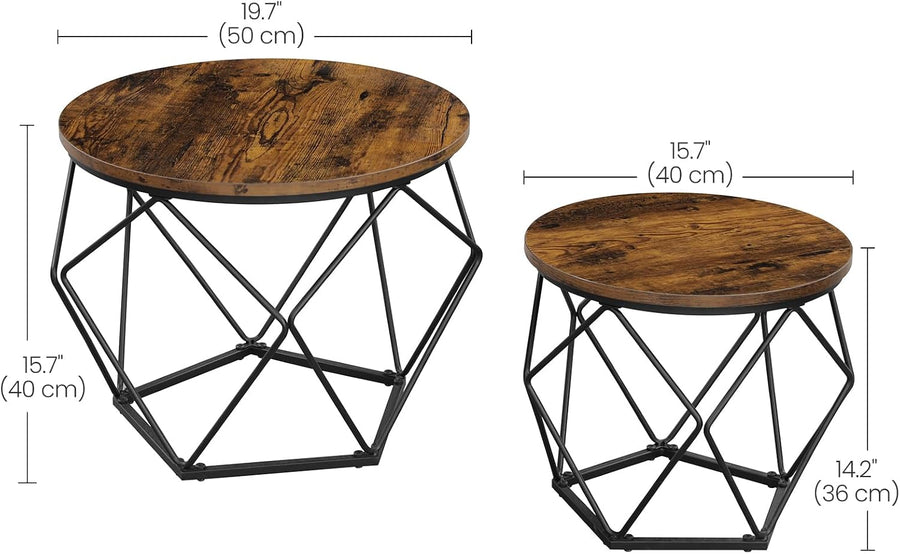 Coffee Tables, Set of 2 Side Tables, Robust Steel Frame, for Living Room, Bedroom, Rustic Brown and Black LET040B01