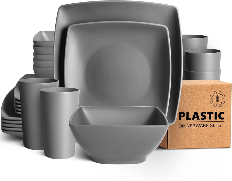 24-Piece Kitchen Plastic Square Dinner Set, Service for 6, Dinner Plates, Dessert Plates, Cereal Bowls, 20 Oz Cups, Unbreakable Plastic Plates and Bowls Set, Outdoor Camping Dishes, Grey