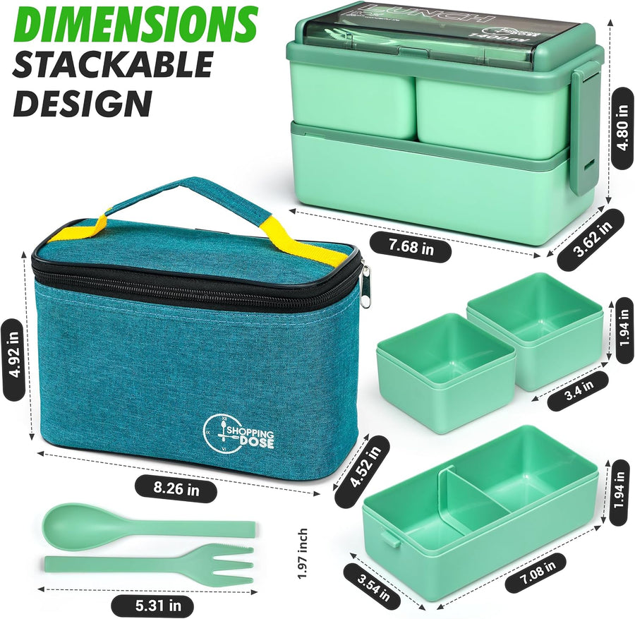 Bento Box, 1400Ml Stackable 2 Layer Leak Proof Bento Lunch Box with Insulated Bag & Cutlery, 3 Removable Compartment Lunch Box Adults, Kids & Office, Microwavable Lunchbox (Green)