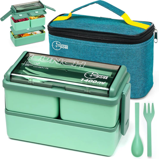 Bento Box, 1400Ml Stackable 2 Layer Leak Proof Bento Lunch Box with Insulated Bag & Cutlery, 3 Removable Compartment Lunch Box Adults, Kids & Office, Microwavable Lunchbox (Green)