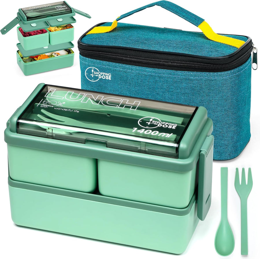 Bento Box, 1400Ml Stackable 2 Layer Leak Proof Bento Lunch Box with Insulated Bag & Cutlery, 3 Removable Compartment Lunch Box Adults, Kids & Office, Microwavable Lunchbox (Green)