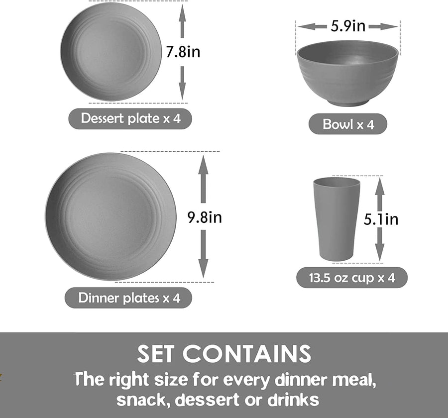 16-Piece Kitchen Plastic Dinner Set, Service for 4, Dinner Plates, Dessert Plates, Cereal Bowls, Cups, Unbreakable Plastic Plates and Bowls Set, Outdoor Camping Dishes, Grey