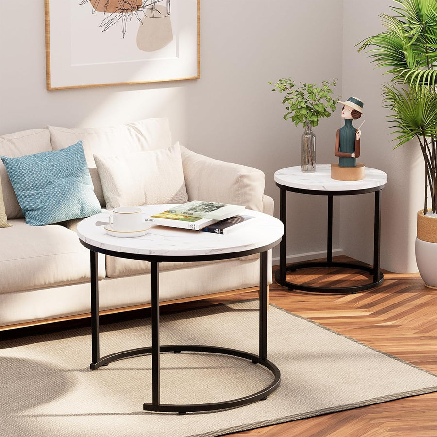 Coffee Table,Round Nest of Tables Set of 2 for Living Room,Marble Center Tea Table with Metal Frame,End Side Table for Small Space/Living Room/Bedroom, White Black, 60 X 60 X 50Cm