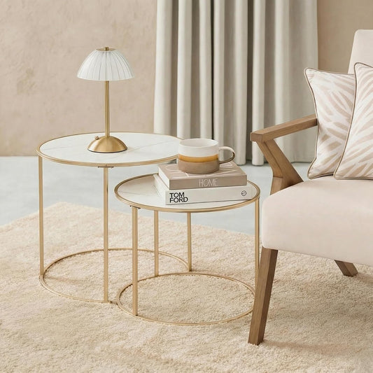 Marble Nest of Tables Set of 2, Stacking Side Tables Living Room Stylish Decorative Coffee Table Sturdy Metal Frame Easy Assembly round End Table, White/Gold