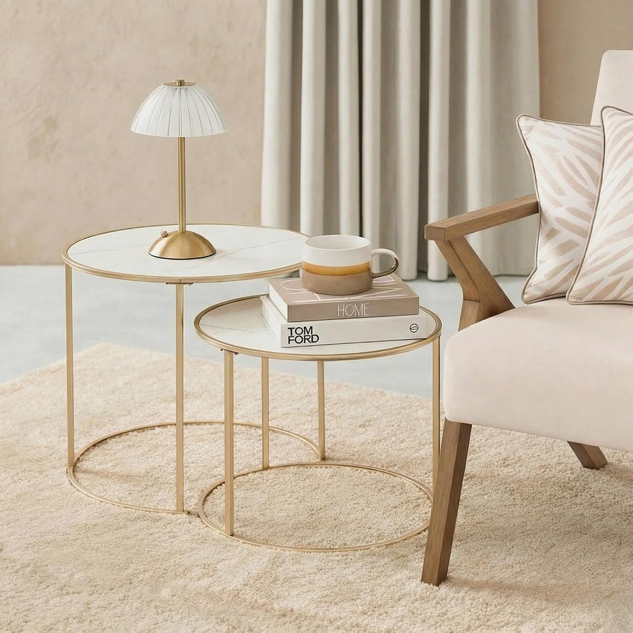 Marble Nest of Tables Set of 2, Stacking Side Tables Living Room Stylish Decorative Coffee Table Sturdy Metal Frame Easy Assembly round End Table, White/Gold