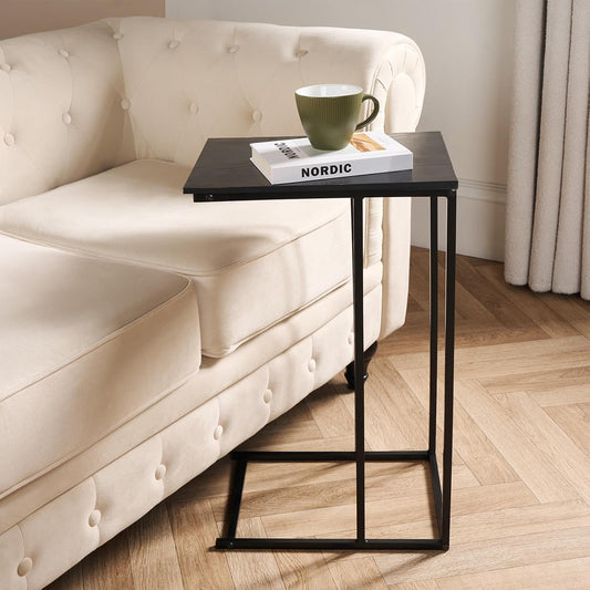 C Shaped Side Table, Sofa Table with Metal Frame Decorative Coffee Tables Space Saving Bedside Tables for Bedroom Living Room Home Office, Black