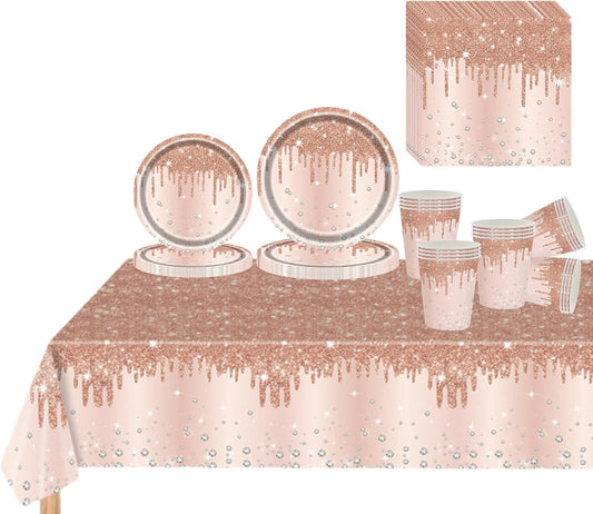 81 Piece Rose Gold Tableware Set for Her - Plates, Cups, Napkins and Tablecloth with Sparkling Diamond Pattern for Birthday, Wedding, Baby Shower Party
