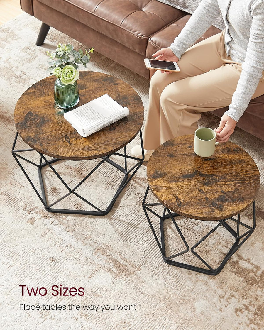 Coffee Tables, Set of 2 Side Tables, Robust Steel Frame, for Living Room, Bedroom, Rustic Brown and Black LET040B01
