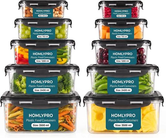 20 Pieces Black Plastic Food Containers with Lids (10 Boxes & 10 Lids) Leakproof Airtight Meal Prep Containers, Stackable Bpa-Free, Freezer Microwave Dishwasher Safe