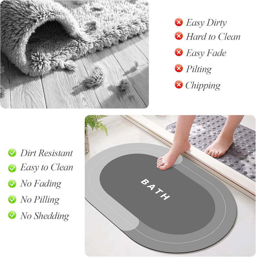 Bath Mat Quick-Drying Bathroom Mat,Super Absorbent Bath Mat for Bathroom Floor,Non Slip Rubber Backing Shower Floor Mat,Oval Floor Bath Rug for Bathroom,Bathtub (Grey, 40X60Cm)