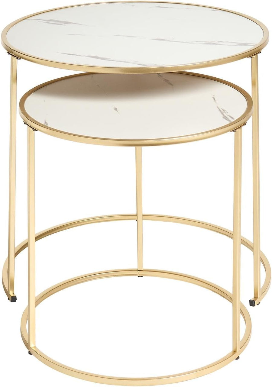 Marble Nest of Tables Set of 2, Stacking Side Tables Living Room Stylish Decorative Coffee Table Sturdy Metal Frame Easy Assembly round End Table, White/Gold