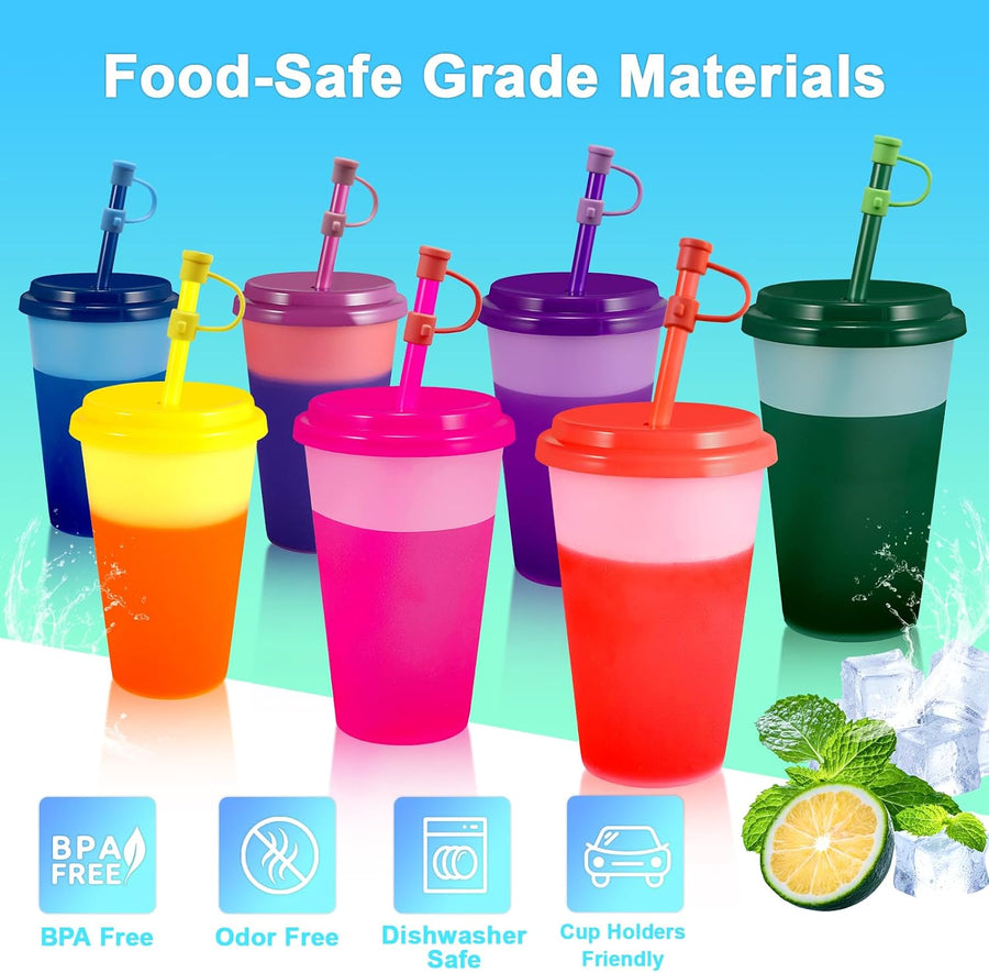 14 Pcs 12 Oz Colour Changing Cups Reusable Tumblers with Lids & Straw Cover | Dustproof Silicone Straw Cover, Magic Color Shift with Ice Water, Bulk Sippy Cups Set for Birthday Party, Festival, Plastic