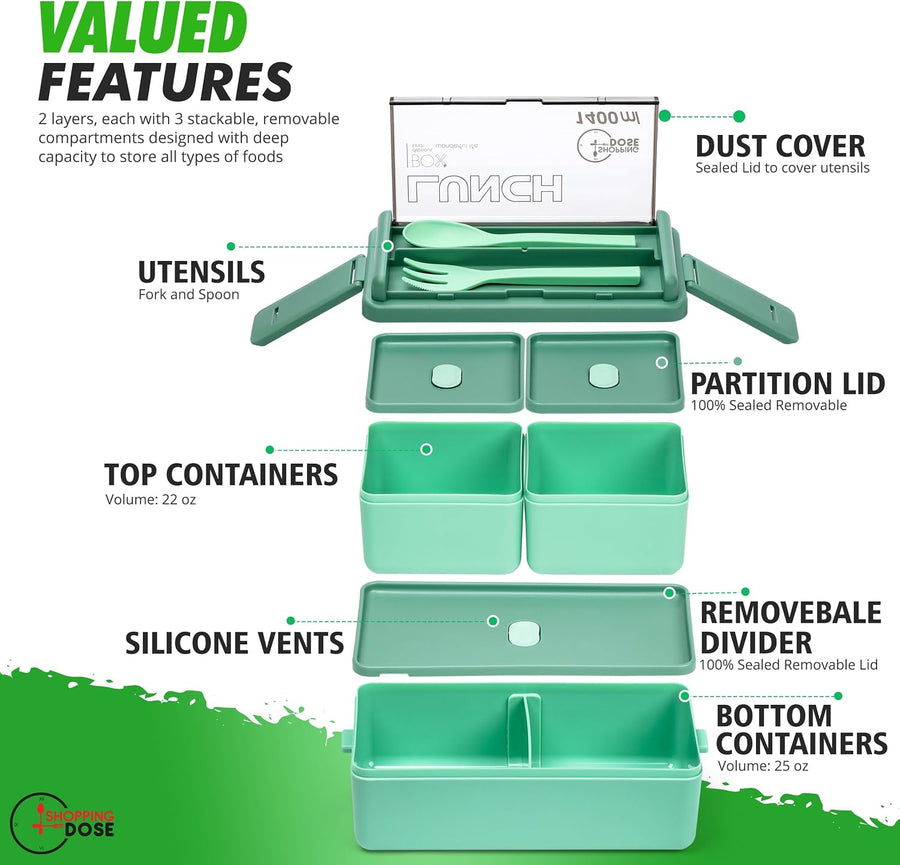 Bento Box, 1400Ml Stackable 2 Layer Leak Proof Bento Lunch Box with Insulated Bag & Cutlery, 3 Removable Compartment Lunch Box Adults, Kids & Office, Microwavable Lunchbox (Green)