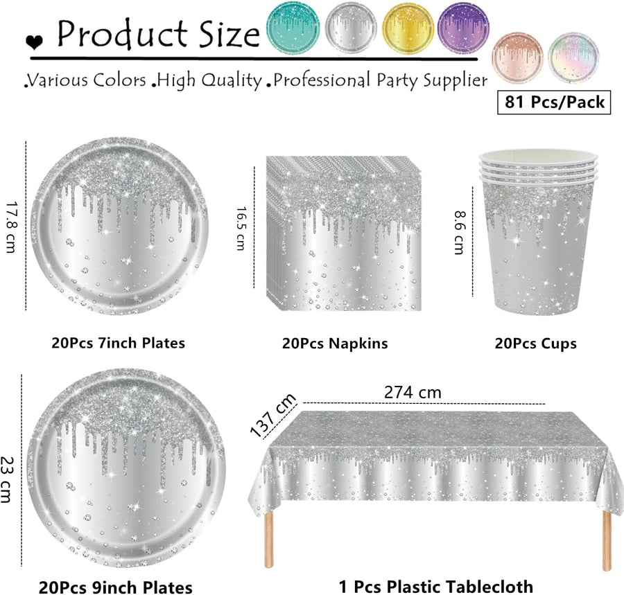 81 Pcs Sparkling Diamond Party Tableware Set - Silver Paper Plates, Cups, Napkins and Tablecloth for Her, Girls, Women - Birthday, Wedding, Baby Shower Party Tableware