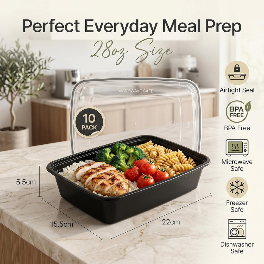 10 Pack 28Oz Black Meal Prep Containers with Lids, Airtight BPA Free Reusable Food Containers, 1 Compartment Stackable Food Storage for Microwave, Freezer and Dishwasher Safe