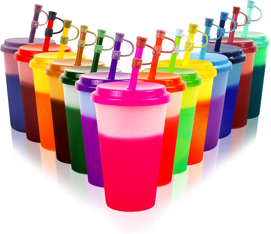 14 Pcs 12 Oz Colour Changing Cups Reusable Tumblers with Lids & Straw Cover | Dustproof Silicone Straw Cover, Magic Color Shift with Ice Water, Bulk Sippy Cups Set for Birthday Party, Festival, Plastic
