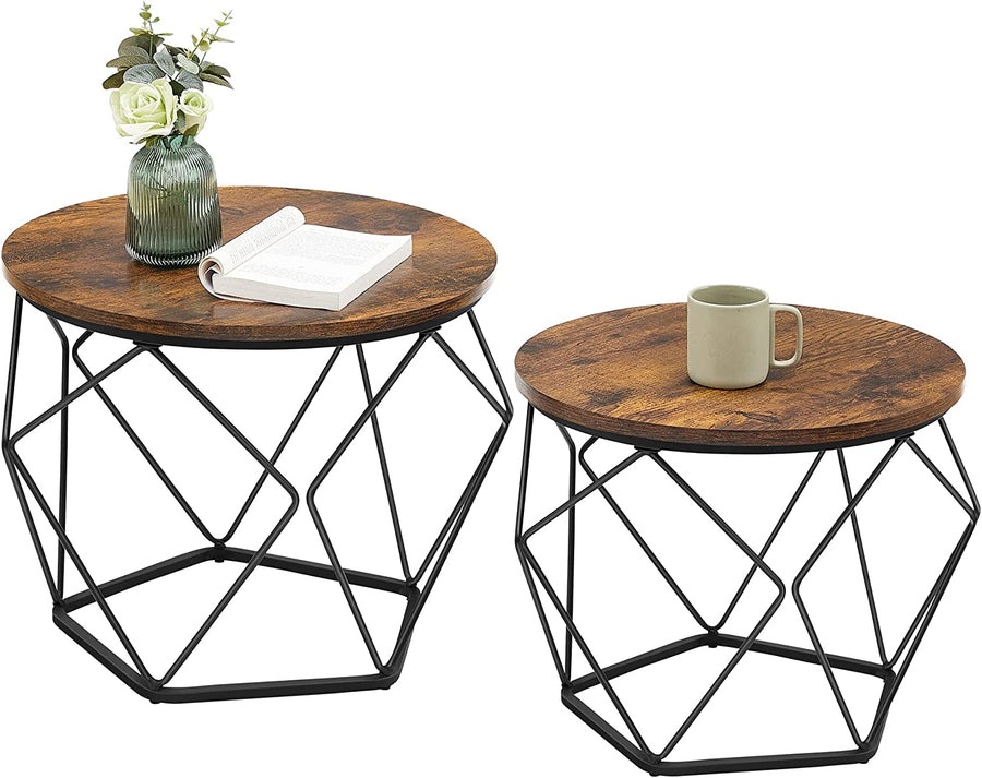 Coffee Tables, Set of 2 Side Tables, Robust Steel Frame, for Living Room, Bedroom, Rustic Brown and Black LET040B01