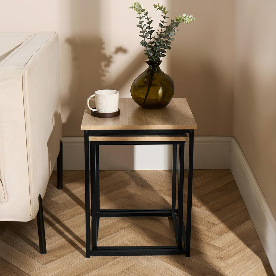 2 Nest of Tables, Side Tables for Living Room Wooden Stylish Decorative Coffee Table Set Home Interior Sturdy Metal Frame Square Nesting Table