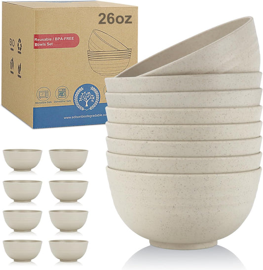 Plastic Dinner Bowls - Reusable Plastic Bowl Set of 8-26 OZ Unbreakable Cereal Bowl Microwave Safe Bowls for Kitchen - Beige
