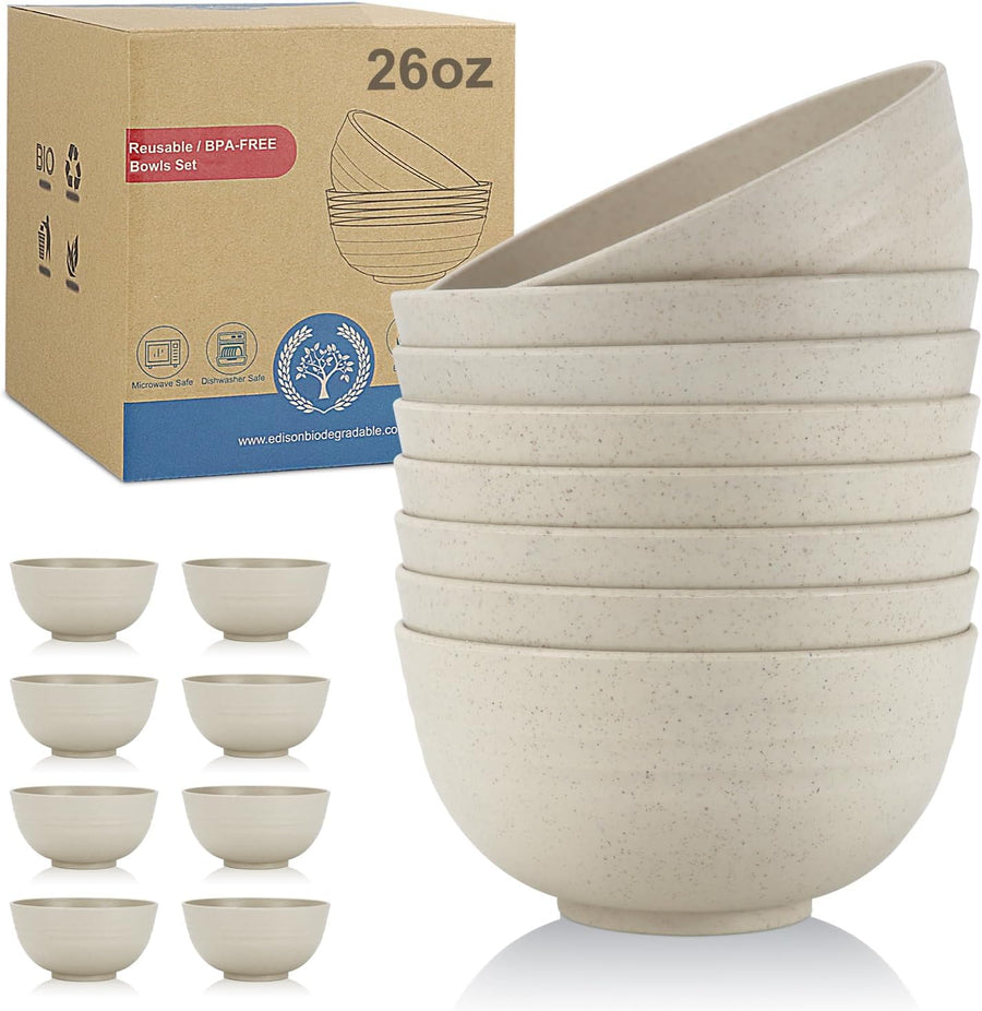 Plastic Dinner Bowls - Reusable Plastic Bowl Set of 8-26 OZ Unbreakable Cereal Bowl Microwave Safe Bowls for Kitchen - Beige