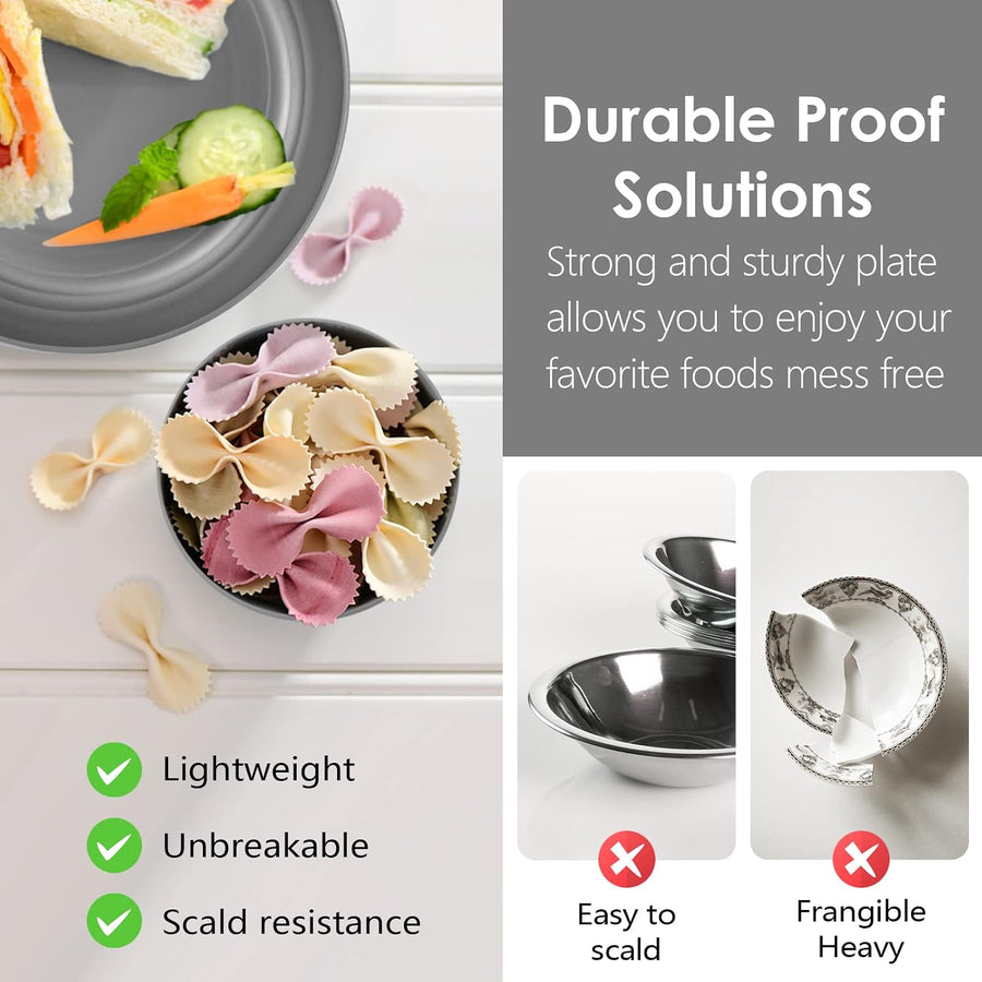 16-Piece Kitchen Plastic Dinner Set, Service for 4, Dinner Plates, Dessert Plates, Cereal Bowls, Cups, Unbreakable Plastic Plates and Bowls Set, Outdoor Camping Dishes, Grey