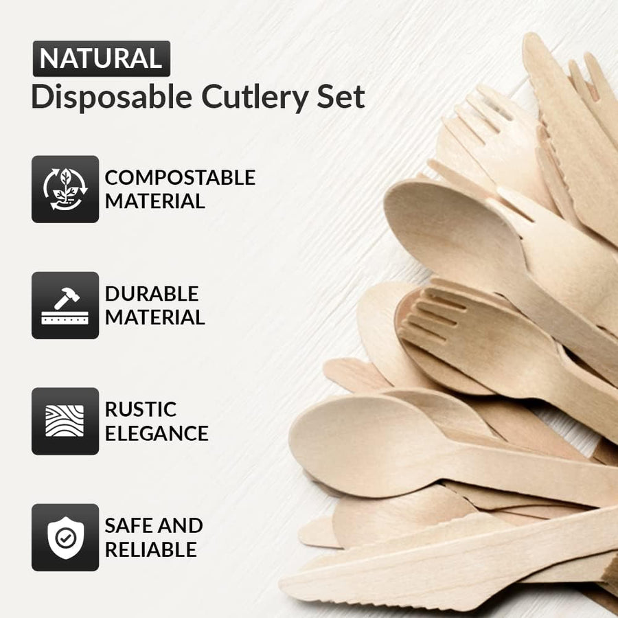 100Pk Disposable Wooden Cutlery Set, 100% Natural and Biodegradable, Eco-Friendly Set for Wedding, Office and Party Picnic (Cutlery Set)