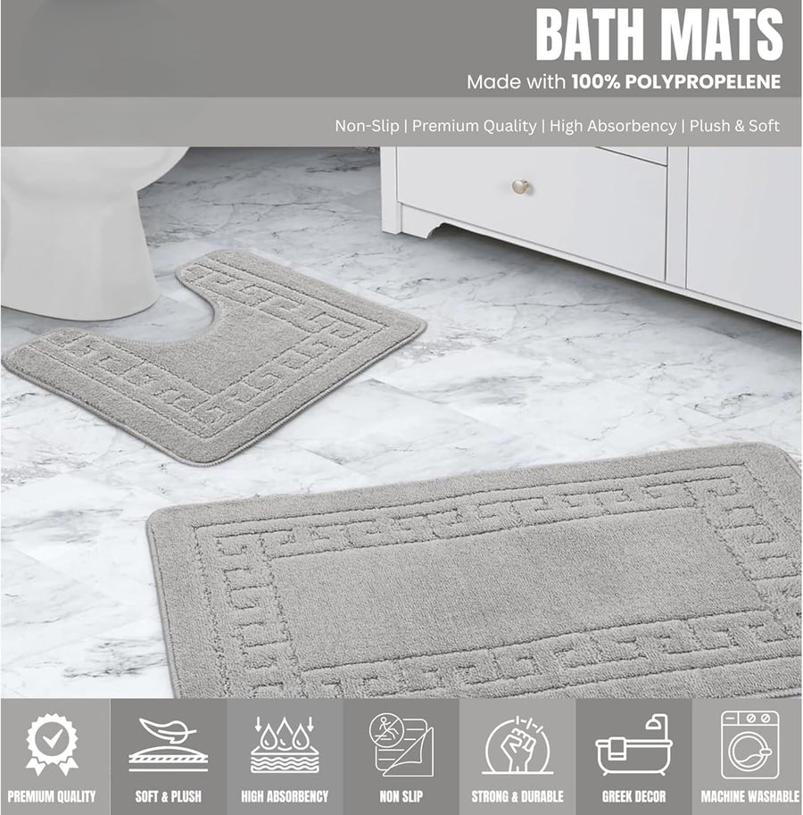 Greek Style Bath Mat Set 2-Piece | Non-Slip Bathroom Mats, Shower Mat & Pedestal Mat | Soft Washable Quick-Dry Bath Mats for Bathroom Floor | Anti-Mould Bath Rug Set (Silver)