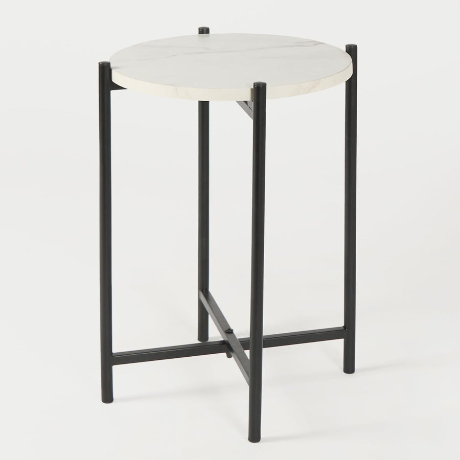 round Side Table for Living Room, White Mable Top Small Coffee Tables with Sturdy Metal Frame Decorative Nightstand End Table Bedside Tables for Bedroom Office
