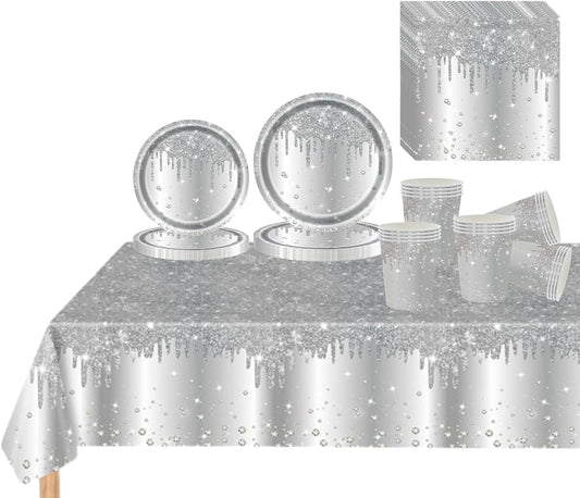 81 Pcs Sparkling Diamond Party Tableware Set - Silver Paper Plates, Cups, Napkins and Tablecloth for Her, Girls, Women - Birthday, Wedding, Baby Shower Party Tableware
