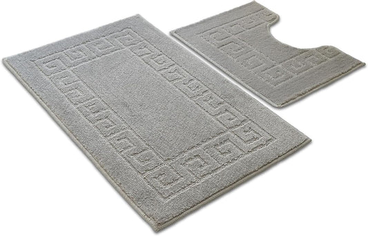 Greek Style Bath Mat Set 2-Piece | Non-Slip Bathroom Mats, Shower Mat & Pedestal Mat | Soft Washable Quick-Dry Bath Mats for Bathroom Floor | Anti-Mould Bath Rug Set (Silver)