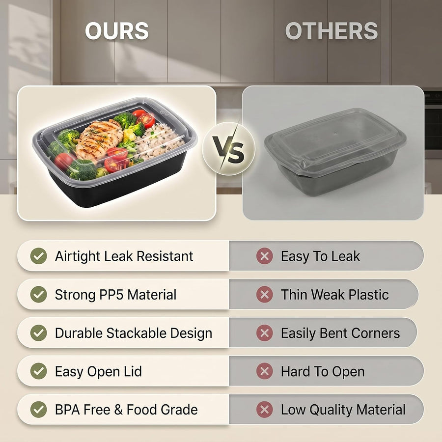 10 Pack 28Oz Black Meal Prep Containers with Lids, Airtight BPA Free Reusable Food Containers, 1 Compartment Stackable Food Storage for Microwave, Freezer and Dishwasher Safe