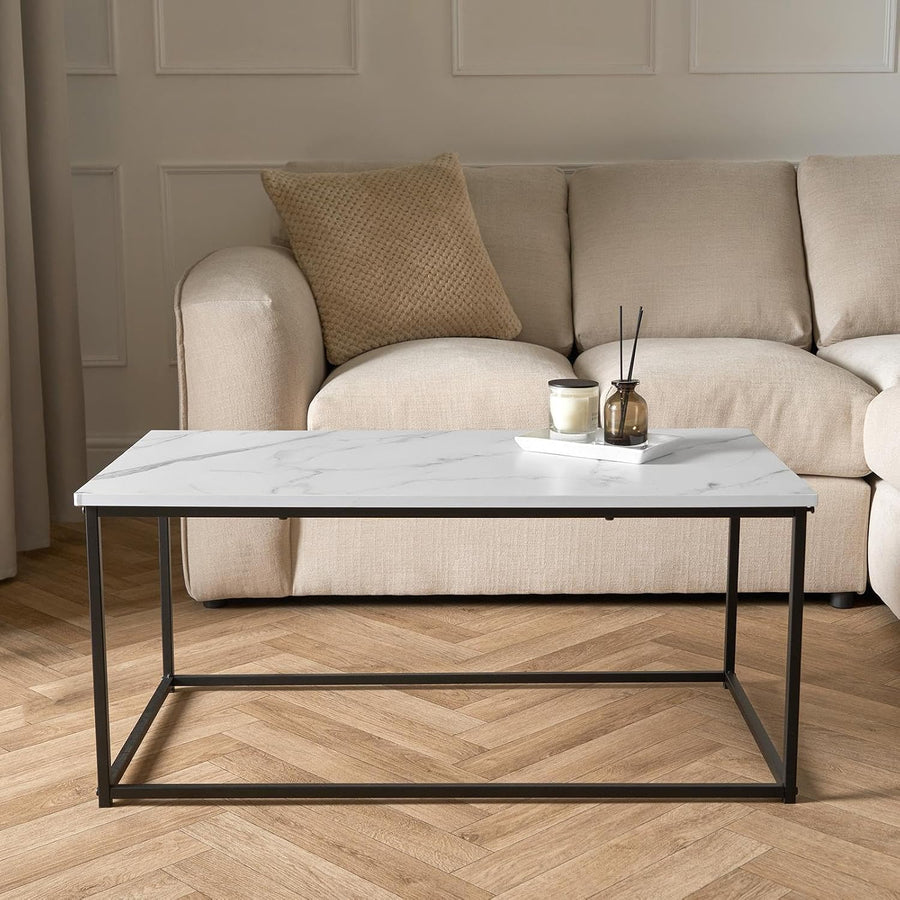 Coffee Tables for Living Room, Decorative Marble Side Table Study Metal Frame Rectangle Long Coffee Table Home Office Centre Table - White, 90 X 48 X 40Cm