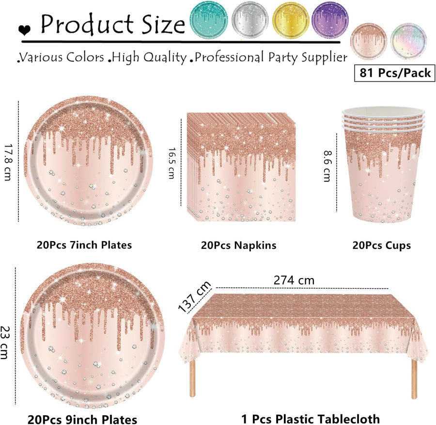 81 Piece Rose Gold Tableware Set for Her - Plates, Cups, Napkins and Tablecloth with Sparkling Diamond Pattern for Birthday, Wedding, Baby Shower Party