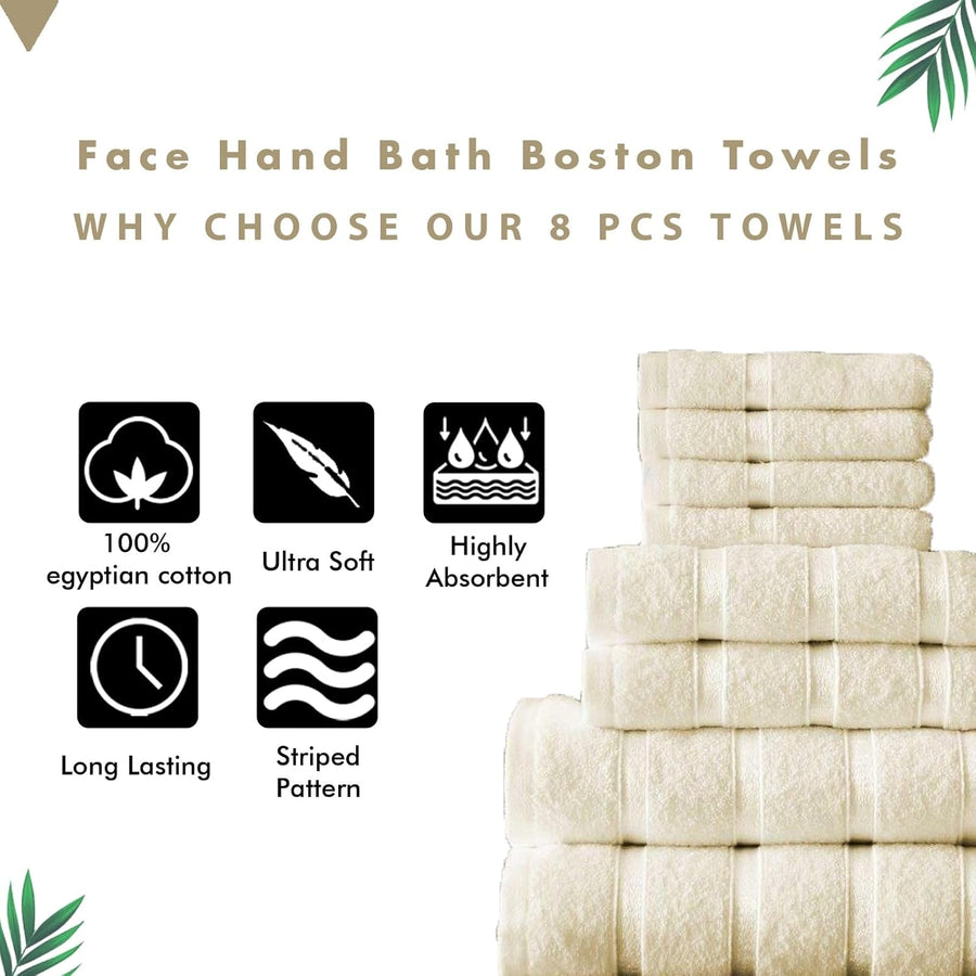 8-Piece Towels Bale Set for Bathroom, Ultra Soft Premium Quality Water Absorbent Towel Gift Sets, 100% Egyptian Cotton, 4X Face 2X Hand 2X Bath Towels, Cream