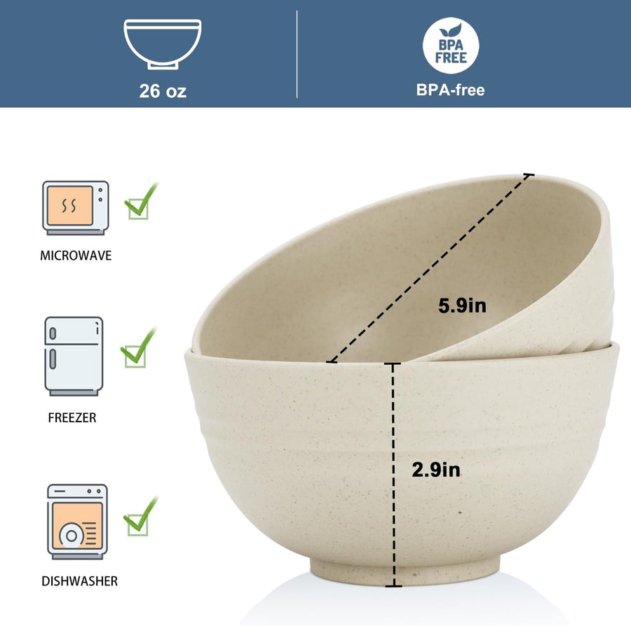 Plastic Dinner Bowls - Reusable Plastic Bowl Set of 8-26 OZ Unbreakable Cereal Bowl Microwave Safe Bowls for Kitchen - Beige
