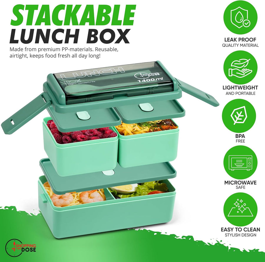 Bento Box, 1400Ml Stackable 2 Layer Leak Proof Bento Lunch Box with Insulated Bag & Cutlery, 3 Removable Compartment Lunch Box Adults, Kids & Office, Microwavable Lunchbox (Green)