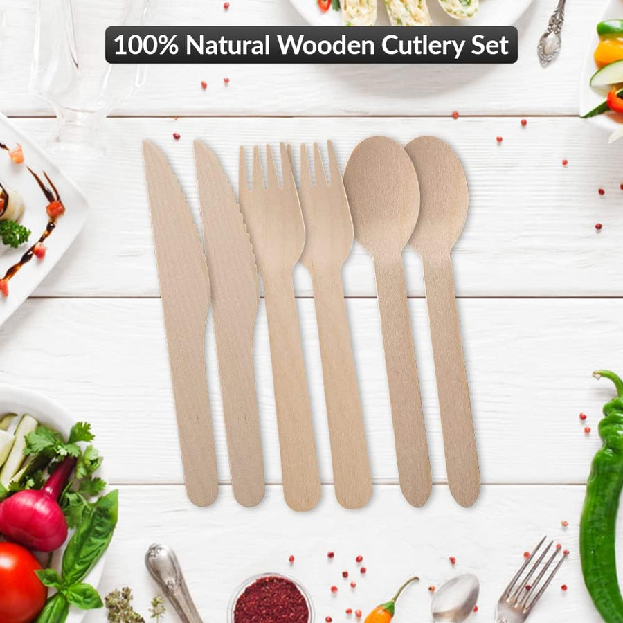 100Pk Disposable Wooden Cutlery Set, 100% Natural and Biodegradable, Eco-Friendly Set for Wedding, Office and Party Picnic (Cutlery Set)