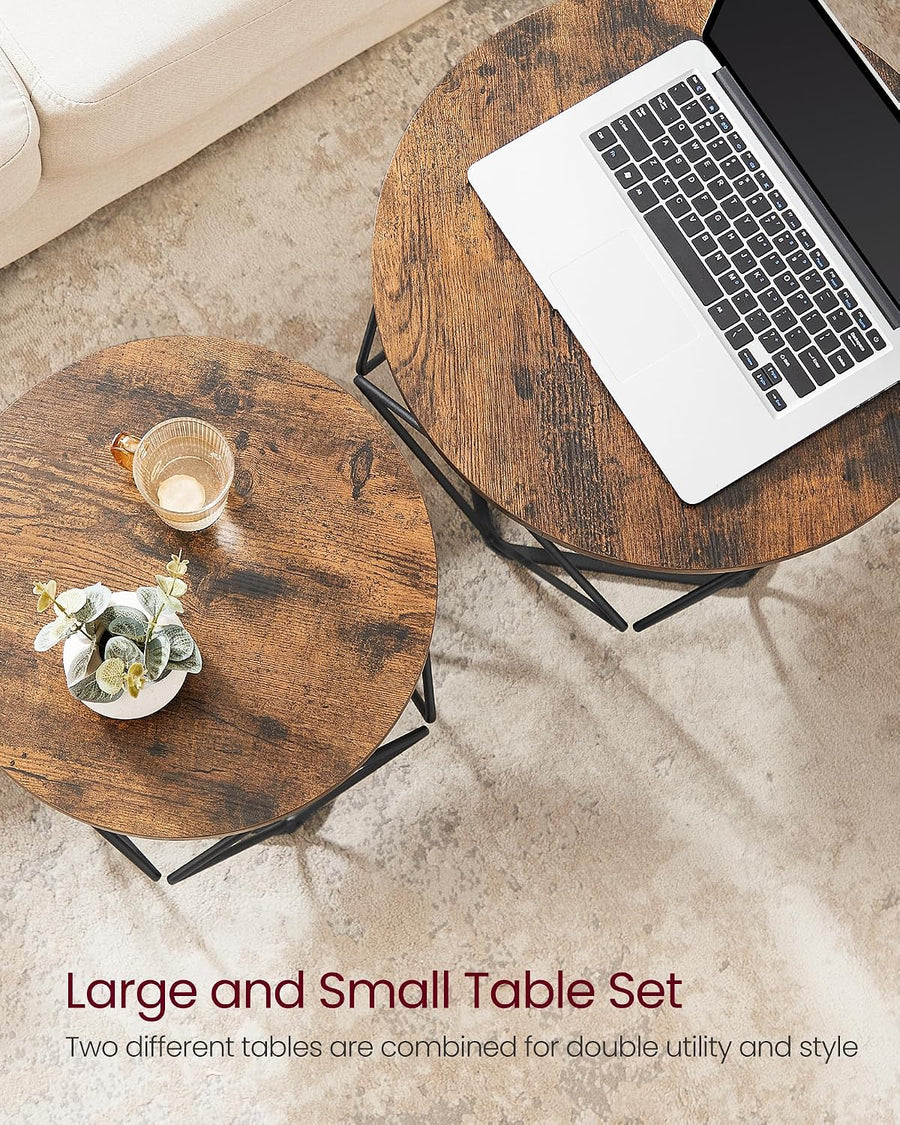 Coffee Tables, Set of 2 Side Tables, Robust Steel Frame, for Living Room, Bedroom, Rustic Brown and Black LET040B01