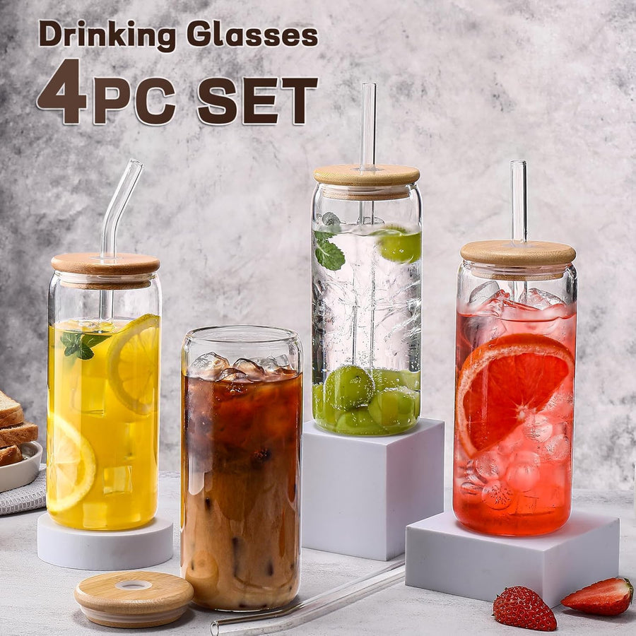 Glass Cups 20 Oz,Glass Cups with Lids Andstraws 4 Pcs-Coffee Cups,Drinking Glasses Set,Glass Tumbler with Straw and Lid Gift 2 Cleaning Brushes