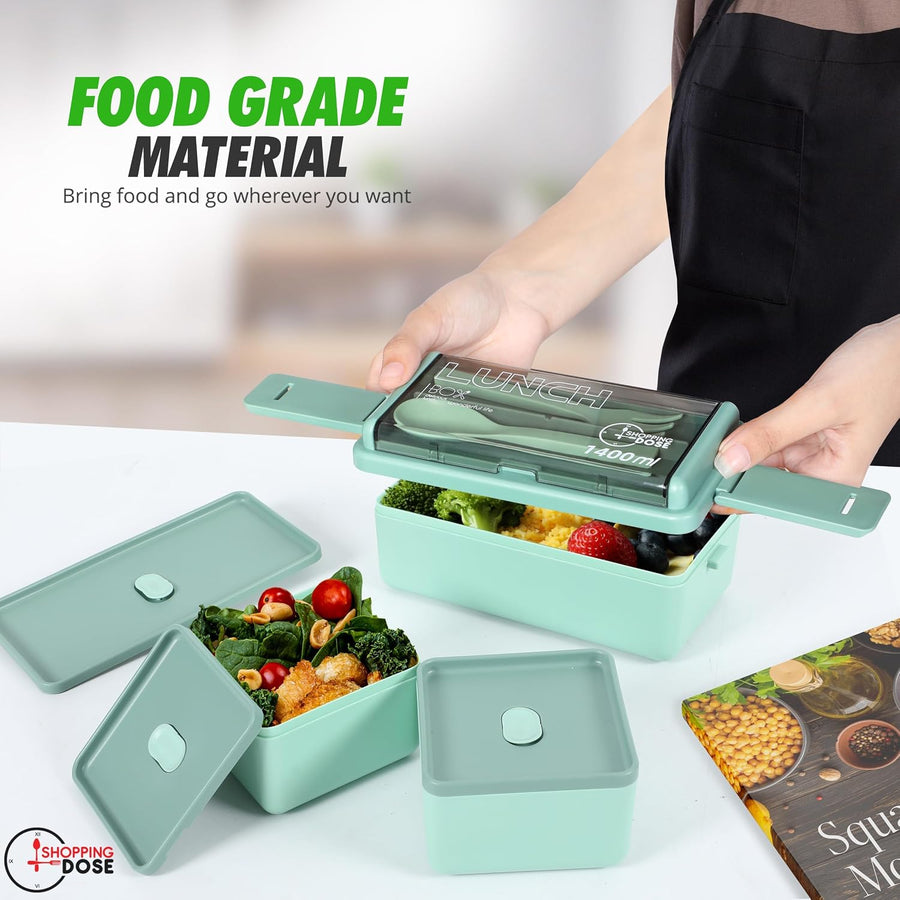 Bento Box, 1400Ml Stackable 2 Layer Leak Proof Bento Lunch Box with Insulated Bag & Cutlery, 3 Removable Compartment Lunch Box Adults, Kids & Office, Microwavable Lunchbox (Green)